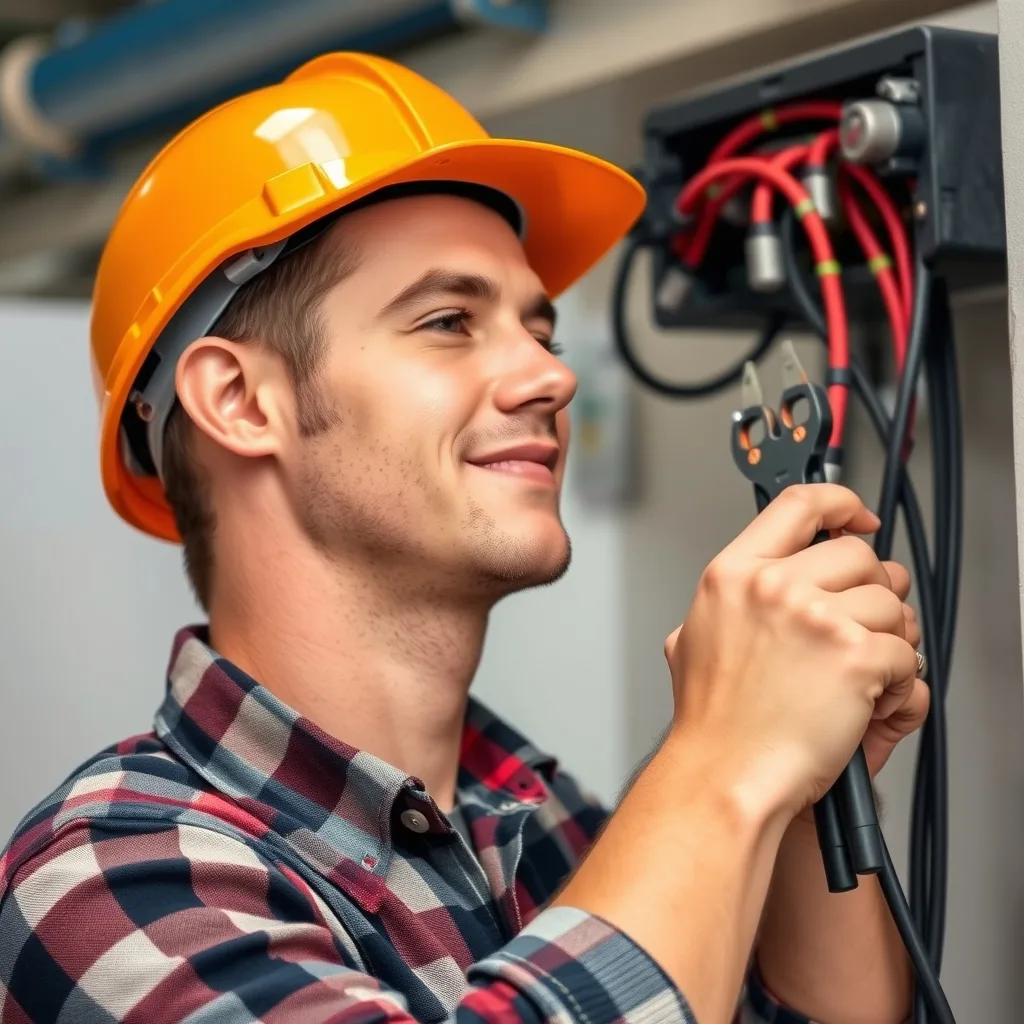 Un electricista con casco trabajando en un cuadro eléctrico