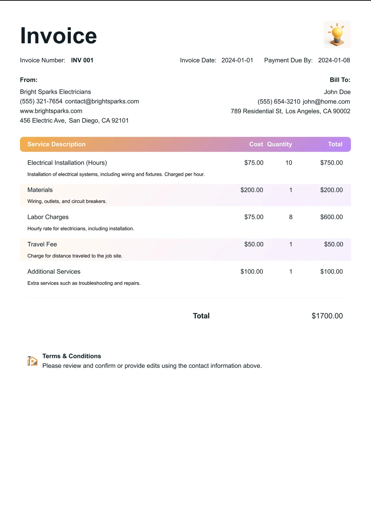 A professional electrician invoice