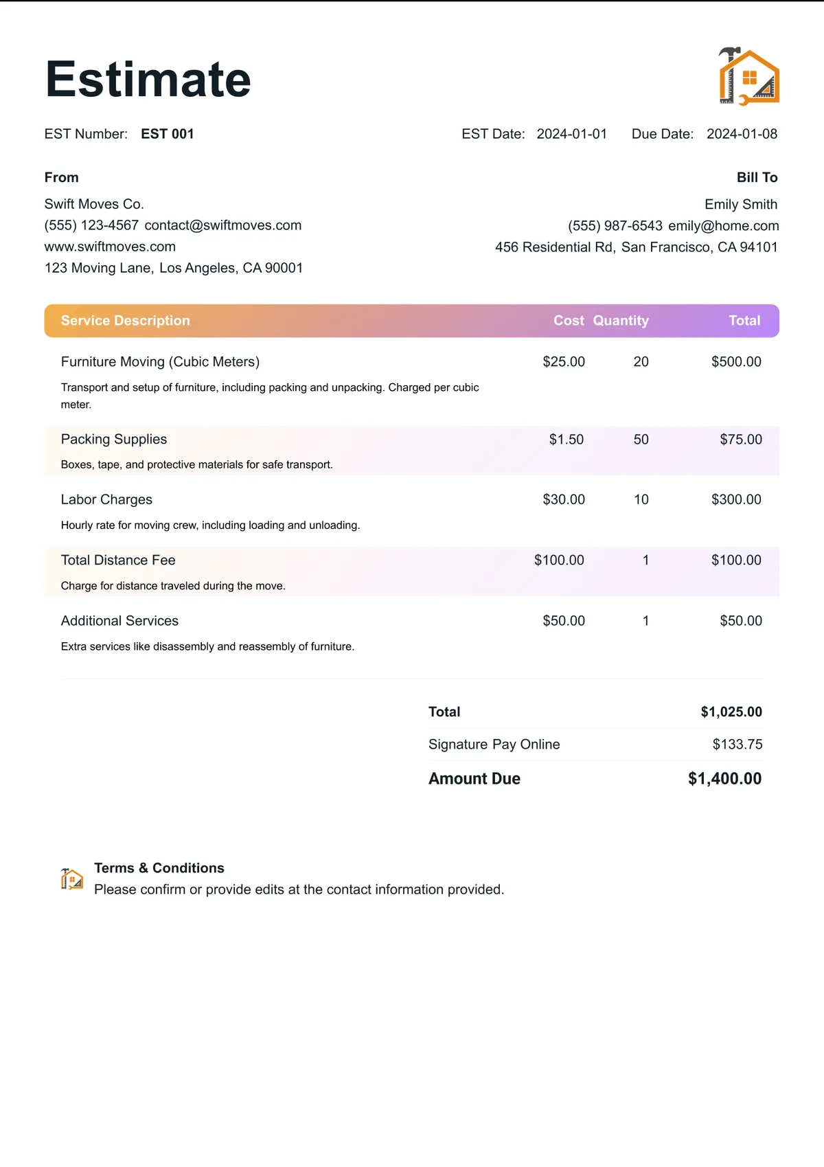 Moving company estimate template