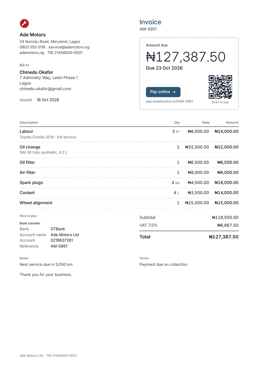Example auto repair invoice from Ade Motors in Lagos: labour, oil change, oil and air filters, spark plugs, coolant and wheel alignment, total ₦127,387.50 including 7.5% VAT