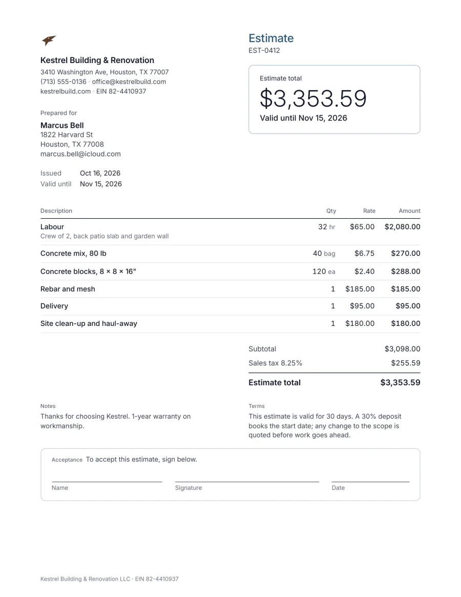 Example contractor estimate from Kestrel Building & Renovation in Houston: labour, concrete mix, concrete blocks, rebar, delivery and site clean-up, estimate total $3,353.59, valid for 30 days with a 30% deposit