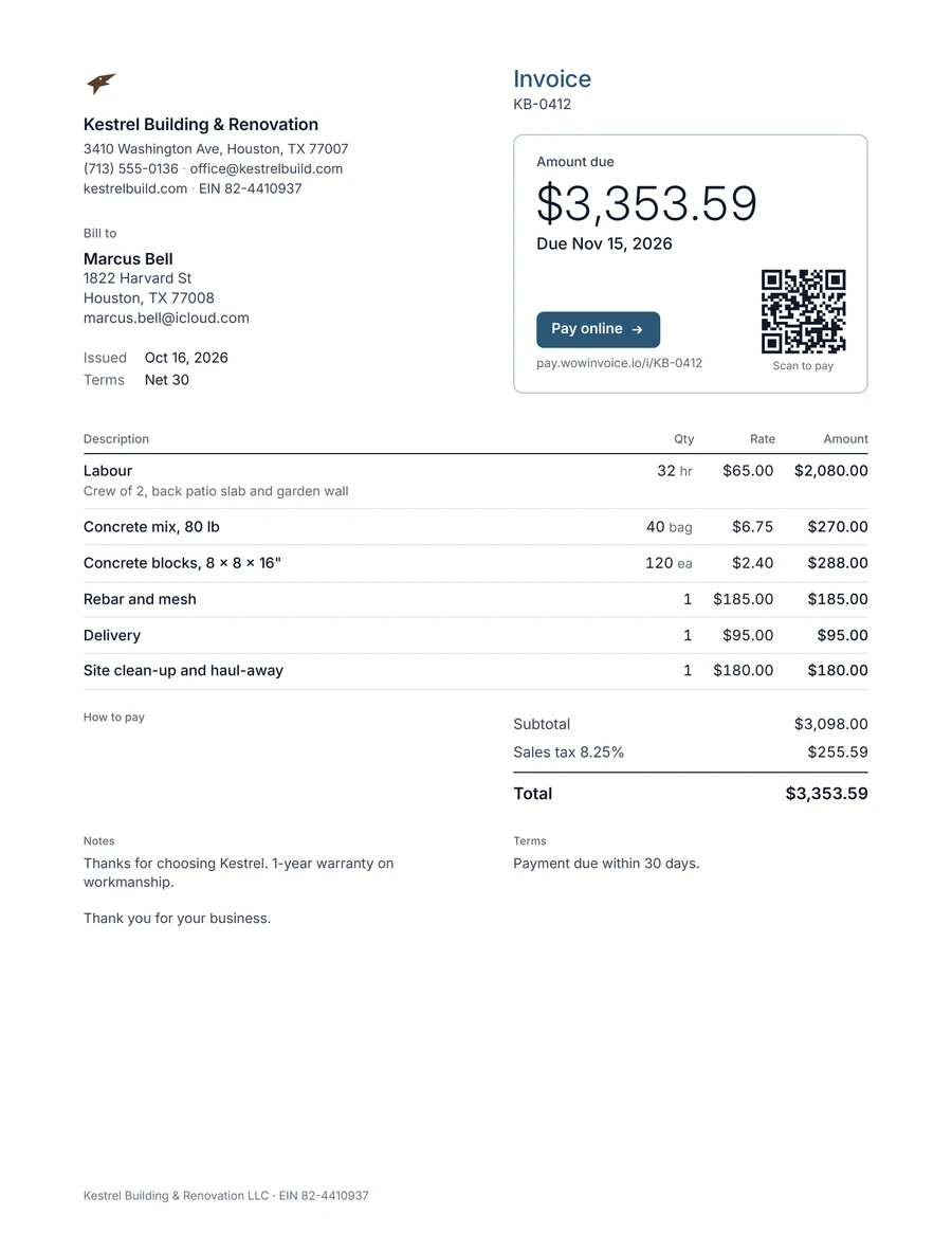 Example contractor invoice from Kestrel Building & Renovation in Houston: labour, concrete mix, concrete blocks, rebar, delivery and site clean-up, total $3,353.59
