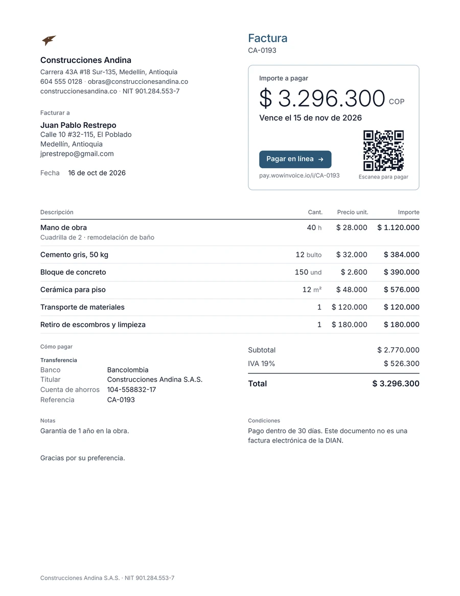 Ejemplo de factura de contratista de Construcciones Andina en Medellín: mano de obra, cemento, bloques, cerámica, transporte y retiro de escombros, total $ 3.296.300 COP