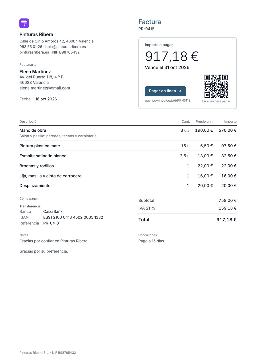Ejemplo de factura de pintor de Pinturas Ribera en Valencia: 3 días de mano de obra, pintura plástica, esmalte, brochas, lija y desplazamiento, total 917,18 € con IVA del 21%