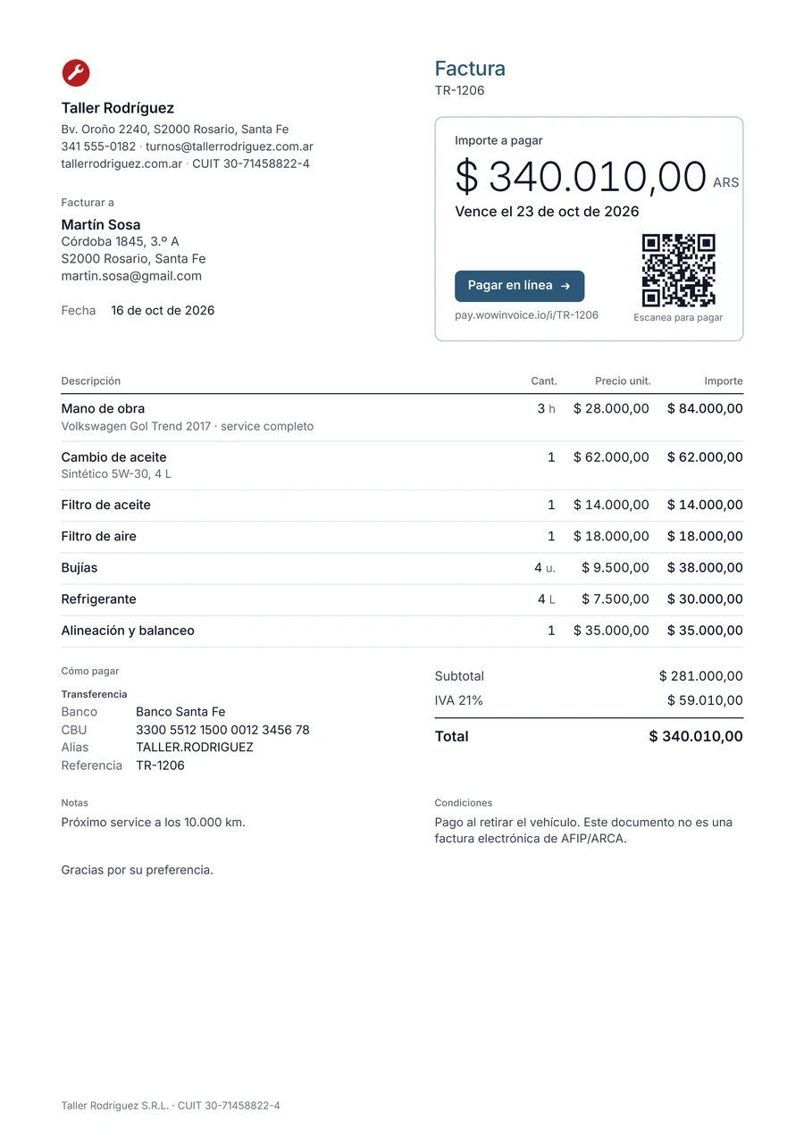 Ejemplo de factura de taller mecánico de Taller Rodríguez en Rosario: mano de obra, cambio de aceite, filtros, bujías, refrigerante y alineación, total $ 340.010,00 ARS