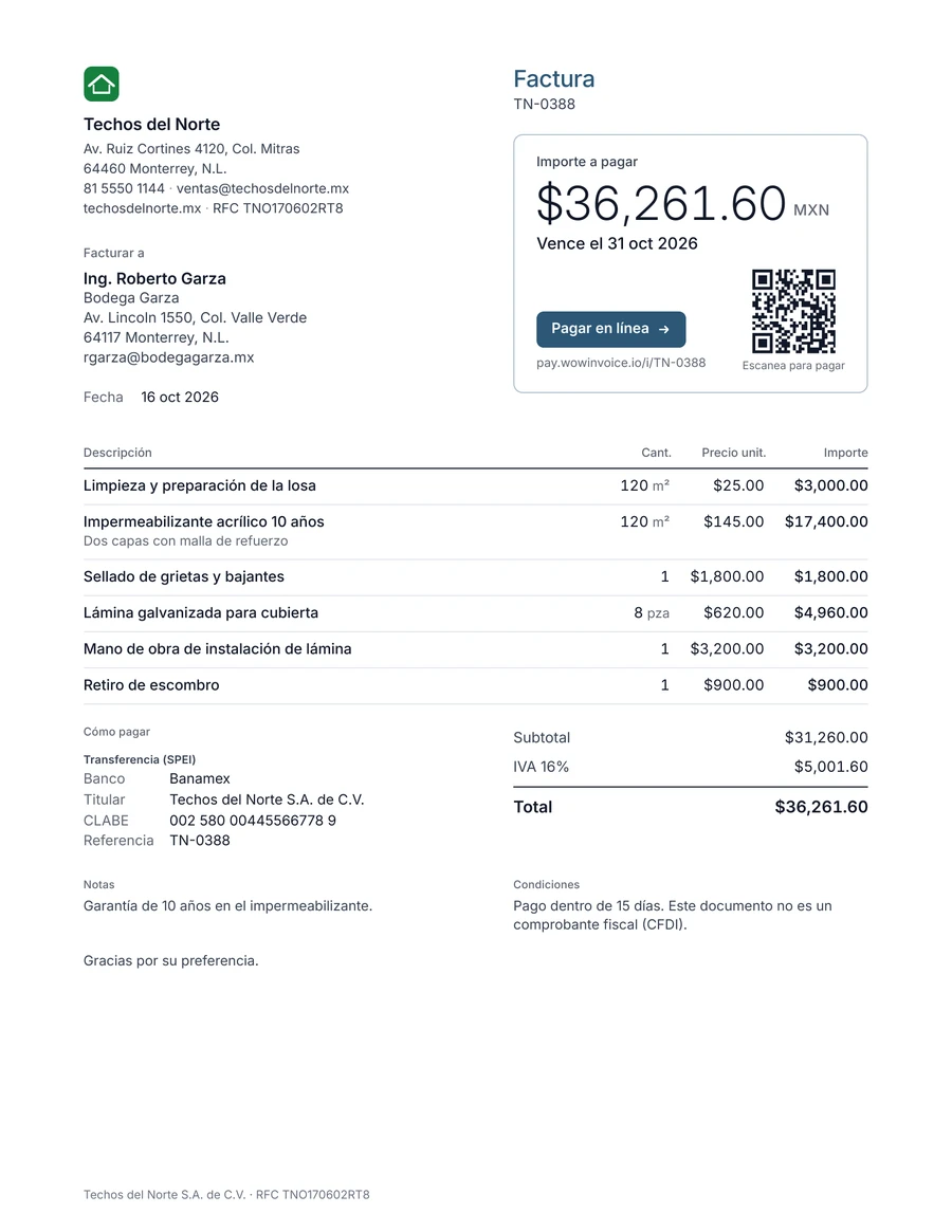 Ejemplo de factura de techos de Techos del Norte en Monterrey: limpieza de losa, impermeabilizante, sellado, lámina, instalación y retiro de escombro, total $36,261.60 MXN