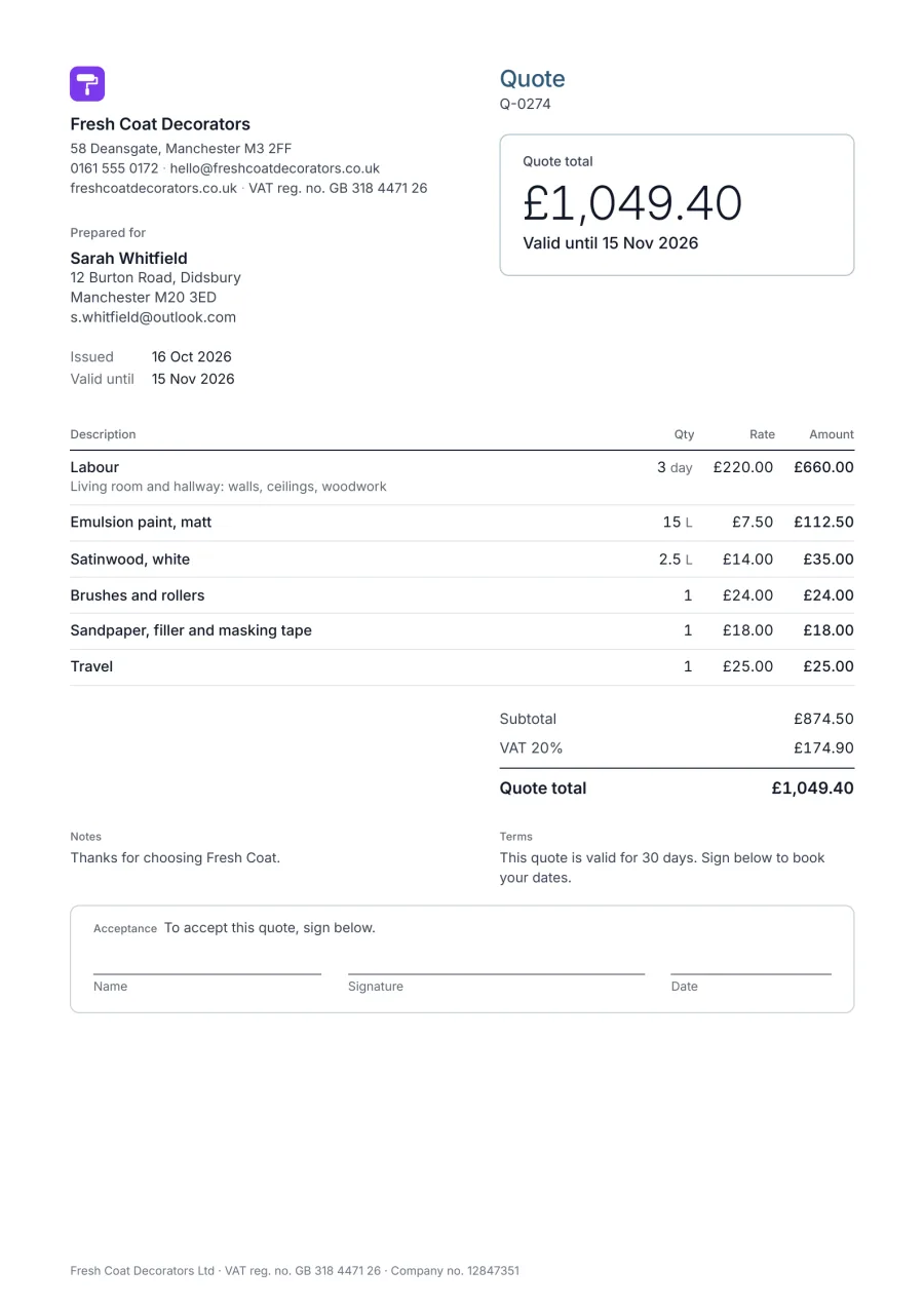 Example painter and decorator quote from Fresh Coat Decorators in Manchester: 3 days labour, emulsion, satinwood, brushes and rollers, prep materials and travel, quote total £1,049.40 including 20% VAT, valid for 30 days
