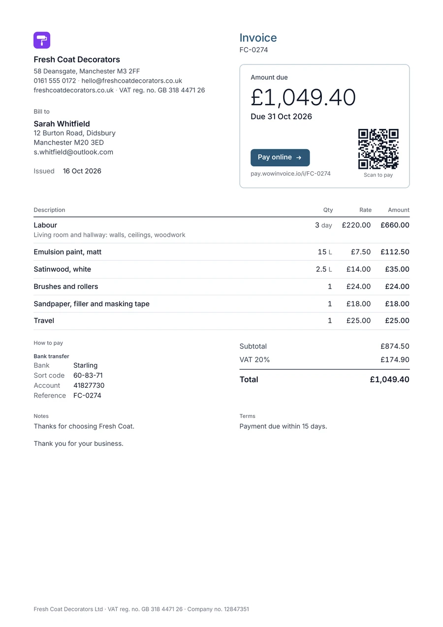 Example painter and decorator invoice from Fresh Coat Decorators in Manchester: 3 days labour, emulsion, satinwood, brushes and rollers, prep materials and travel, total £1,049.40 including 20% VAT
