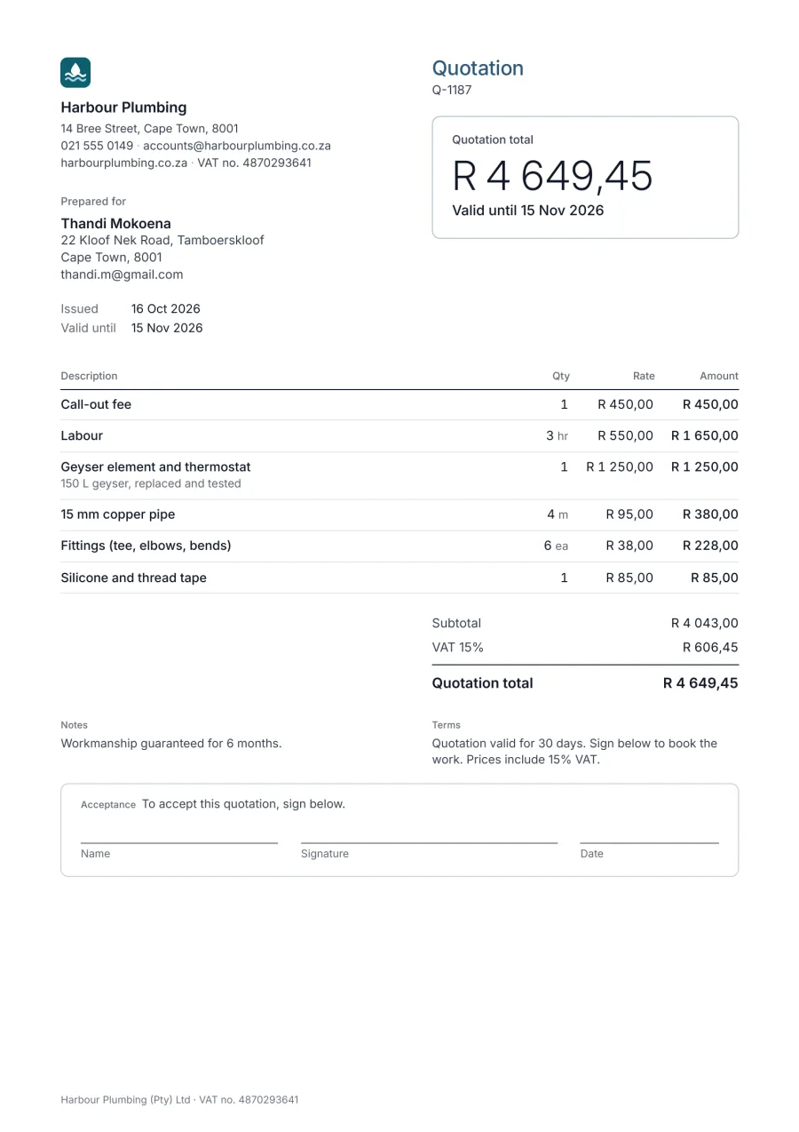 Example plumber quotation from Harbour Plumbing in Cape Town: call-out fee, labour, geyser element, copper pipe, fittings and sealant, quotation total R 4 649,45 including 15% VAT, valid for 30 days