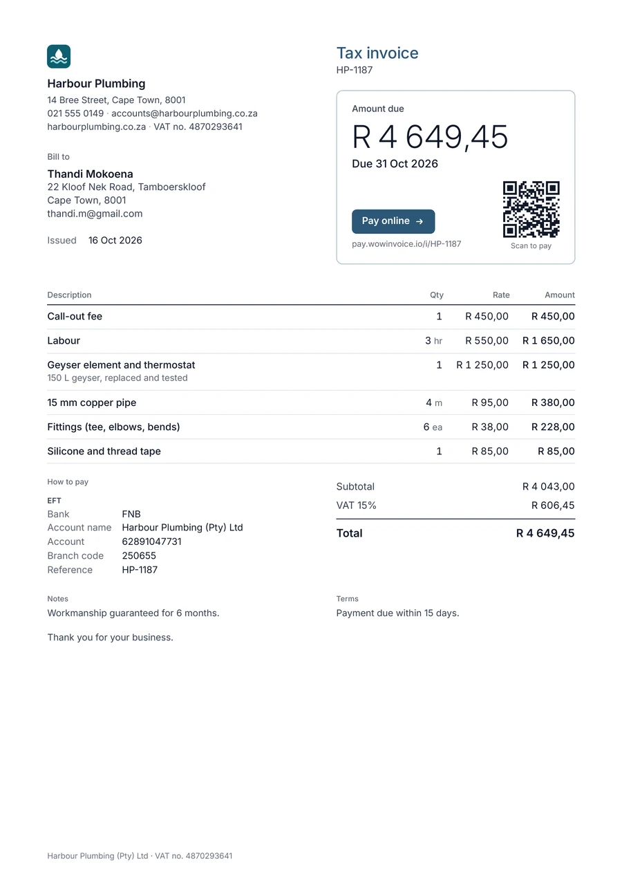 Example plumber tax invoice from Harbour Plumbing in Cape Town: call-out fee, labour, geyser element, copper pipe, fittings and sealant, total R 4 649,45 including 15% VAT