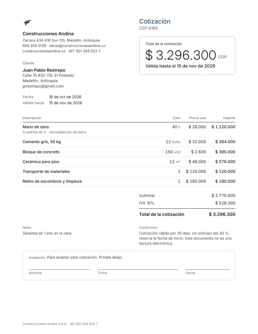Ejemplo de cotización de obra de Construcciones Andina en Medellín: mano de obra, cemento, bloques, cerámica, transporte y retiro de escombros, total $ 3.296.300 COP, válida 30 días con 30 % de anticipo