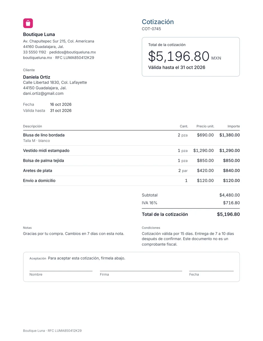 Ejemplo de cotización de Boutique Luna en Guadalajara: blusas, vestido, bolsa, aretes y envío a domicilio, total $5,196.80 MXN, válida 15 días