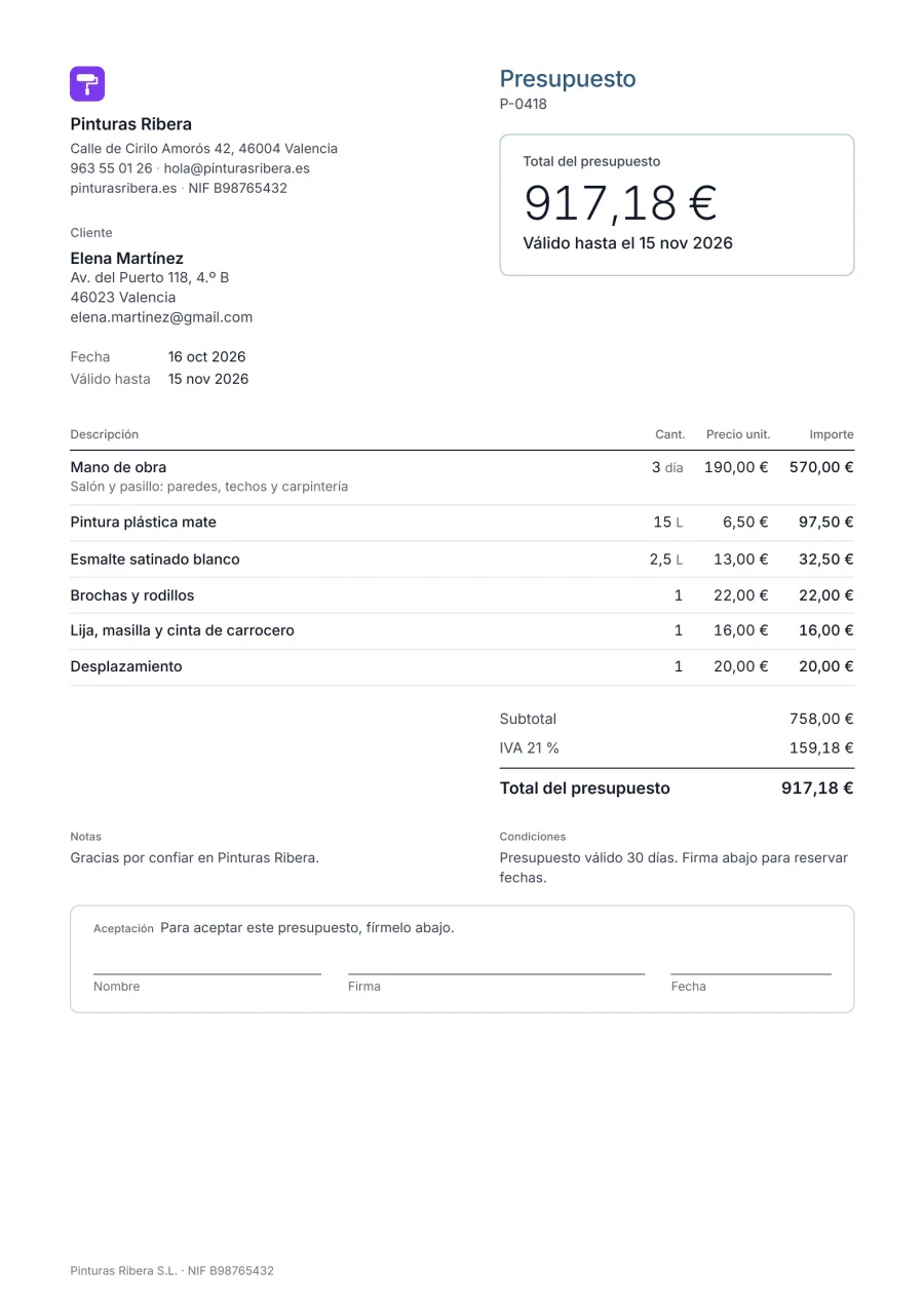 Ejemplo de presupuesto de pintor de Pinturas Ribera en Valencia: 3 días de mano de obra, pintura plástica, esmalte, brochas, lija y desplazamiento, total 917,18 € con IVA del 21 %, válido 30 días