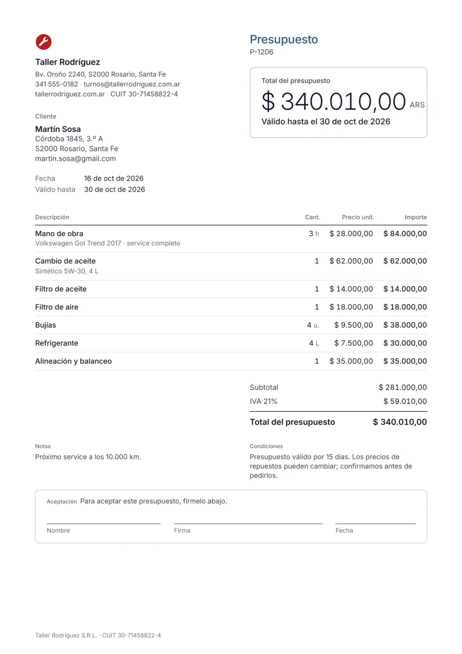 Ejemplo de presupuesto de taller mecánico de Taller Rodríguez en Rosario: mano de obra, cambio de aceite, filtros, bujías, refrigerante y alineación, total $ 340.010,00 ARS, válido 15 días