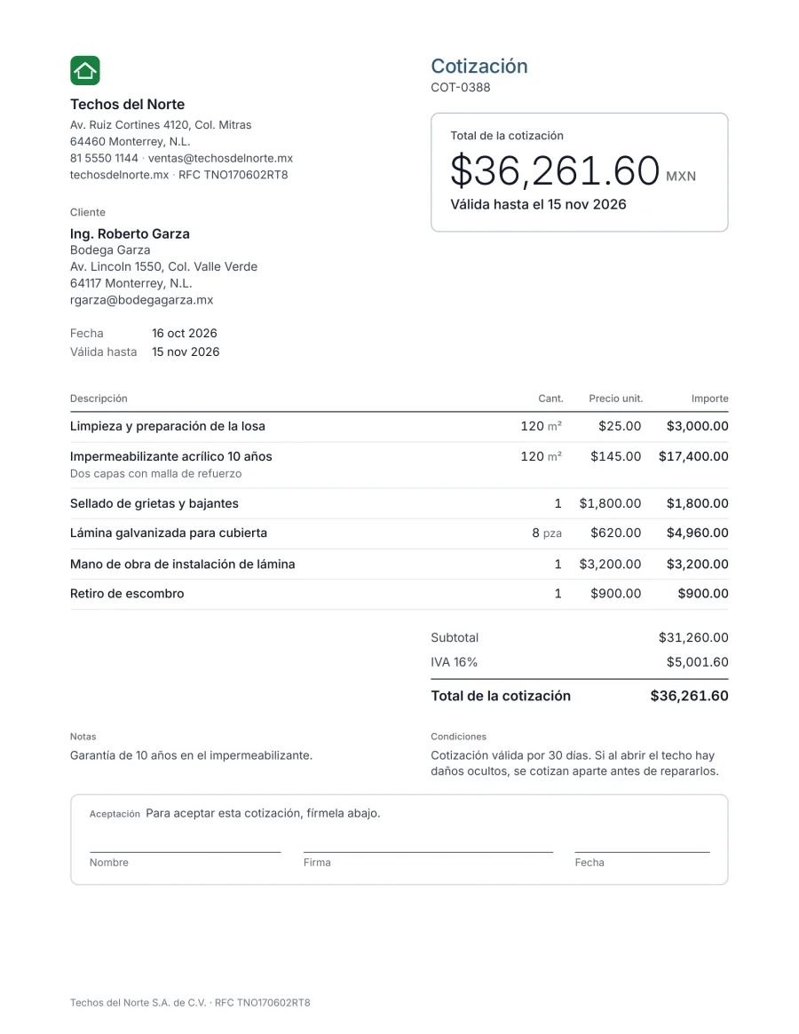 Ejemplo de cotización de techos de Techos del Norte en Monterrey: limpieza de losa, impermeabilizante, sellado, lámina, instalación y retiro de escombro, total $36,261.60 MXN, válida 30 días