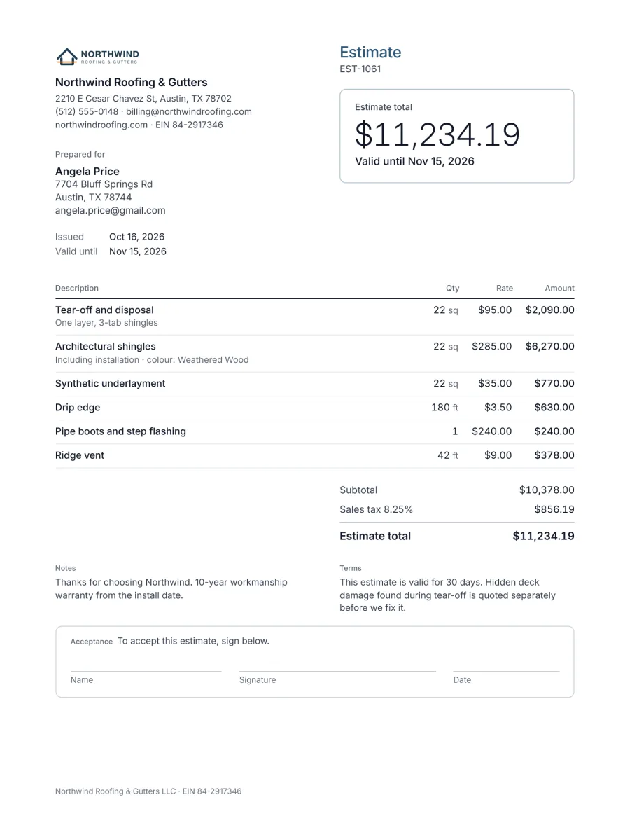 Example roofing estimate from Northwind Roofing & Gutters in Austin: tear-off, architectural shingles, underlayment, drip edge, flashing and ridge vent, estimate total $11,234.19, valid for 30 days