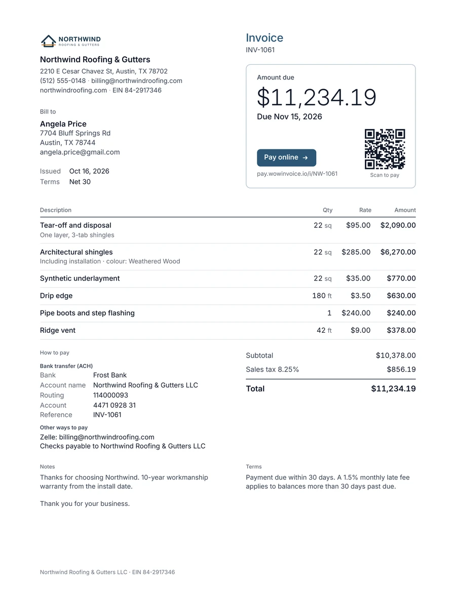 Example roofing invoice from Northwind Roofing & Gutters in Austin: tear-off, architectural shingles, underlayment, drip edge, flashing and ridge vent, total $11,234.19