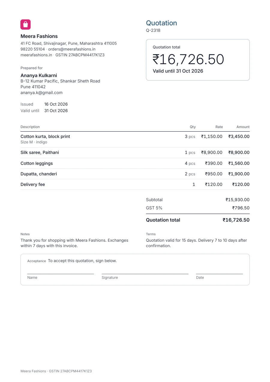 Example small business quotation from Meera Fashions in Pune: kurtas, a silk saree, leggings, dupattas and a delivery fee, quotation total ₹16,726.50 including 5% GST, valid for 15 days