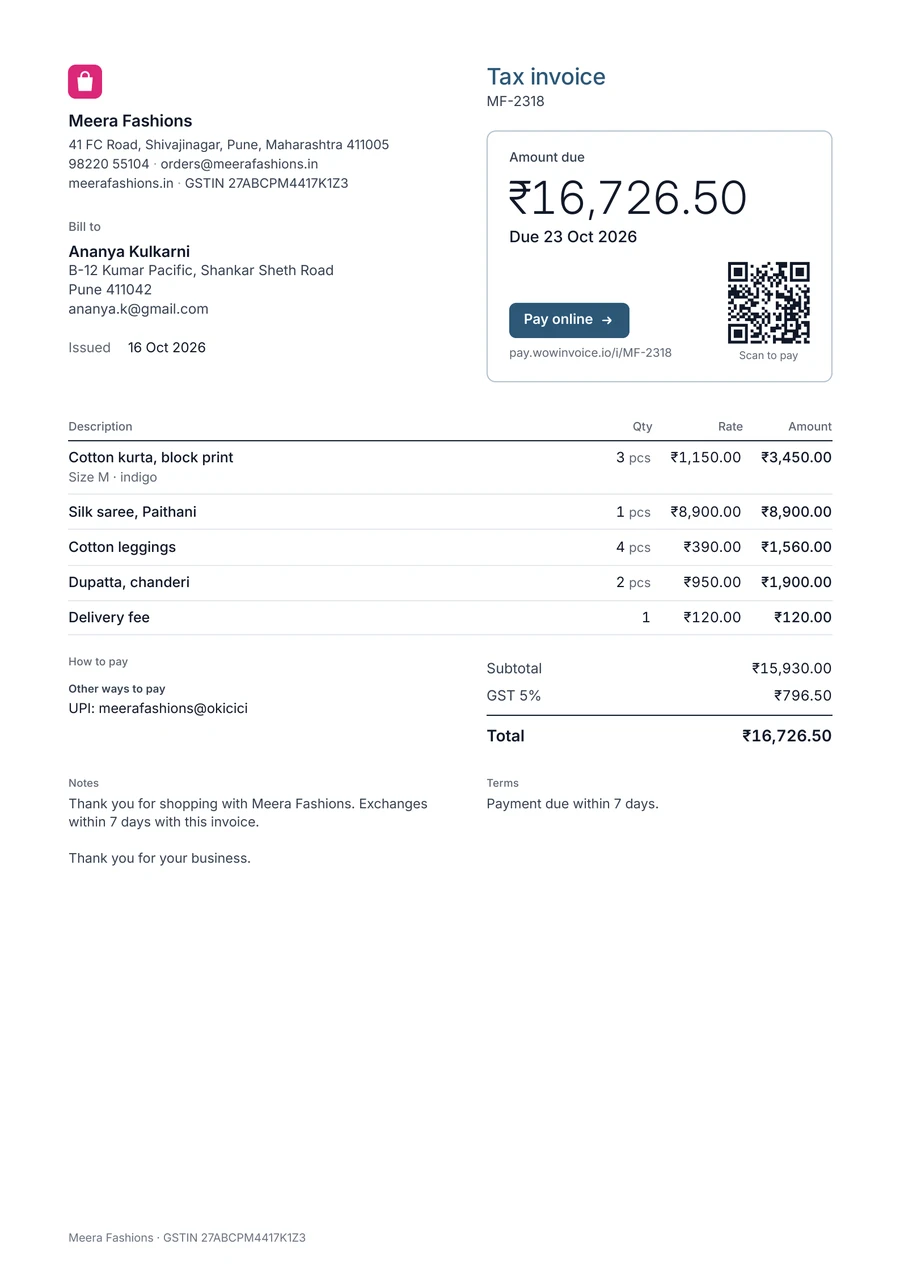 Example small business tax invoice from Meera Fashions in Pune: kurtas, a silk saree, leggings, dupattas and a delivery fee, total ₹16,726.50 including 5% GST